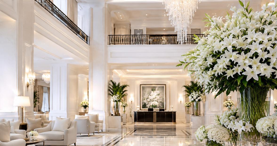 A bright healthy lobby with white flowers and elegant decor