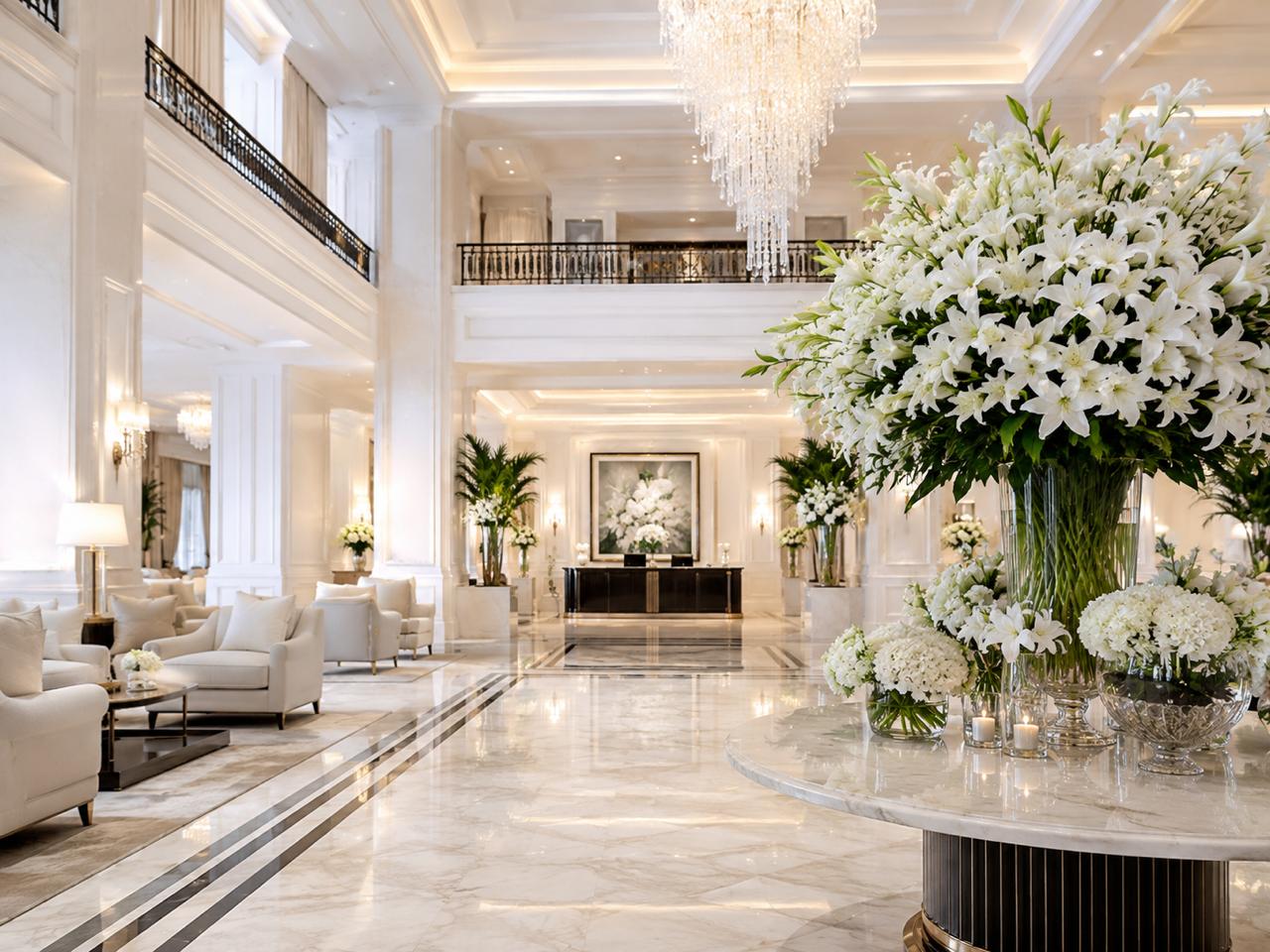 An elegant light-filled reception lobby with marble floors, white flowers and a chandelier, suggesting a polished first impression.