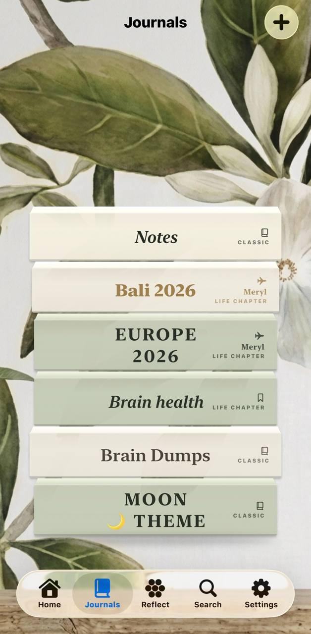 Foundation app screenshot showing journals organised as a stack of books: Notes, Bali 2026, Europe 2026, Brain health, Brain Dumps and Moon Theme.